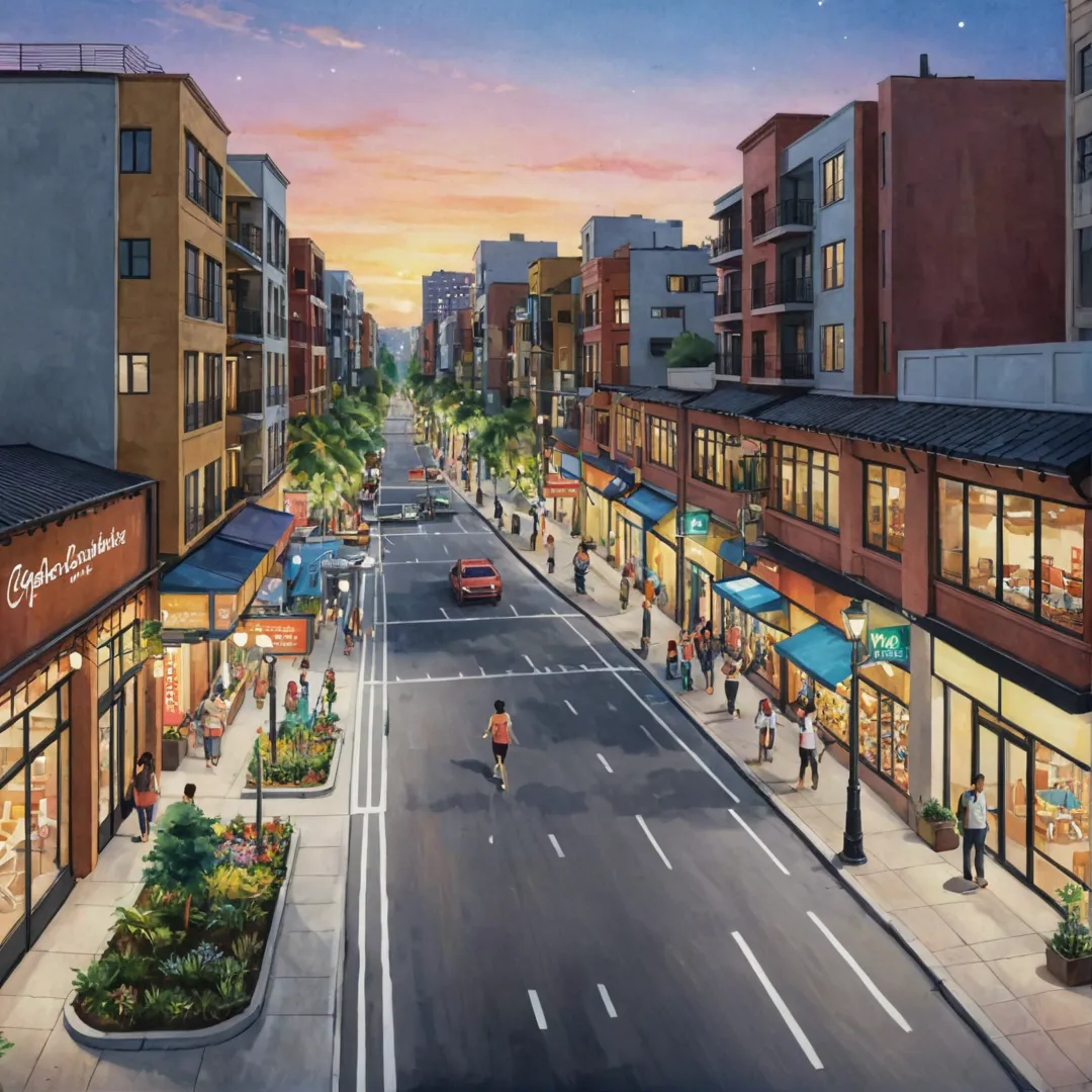 etailed rendering of a vibrant, bustling street in Alita neighborhood at nightfall. The streets are well-lit with modern lighting fixtures and lined with various health-focused establishments such as gyms, yoga studios, and wellness centers. People engage in outdoor activities like jogging or walking while others sit outside cafes enjoying their beverages under string lights hanging above the sidewalks. The scene is alive with energy and movement, showcasing Alita's thriving community that values healthy living amidst urban development.