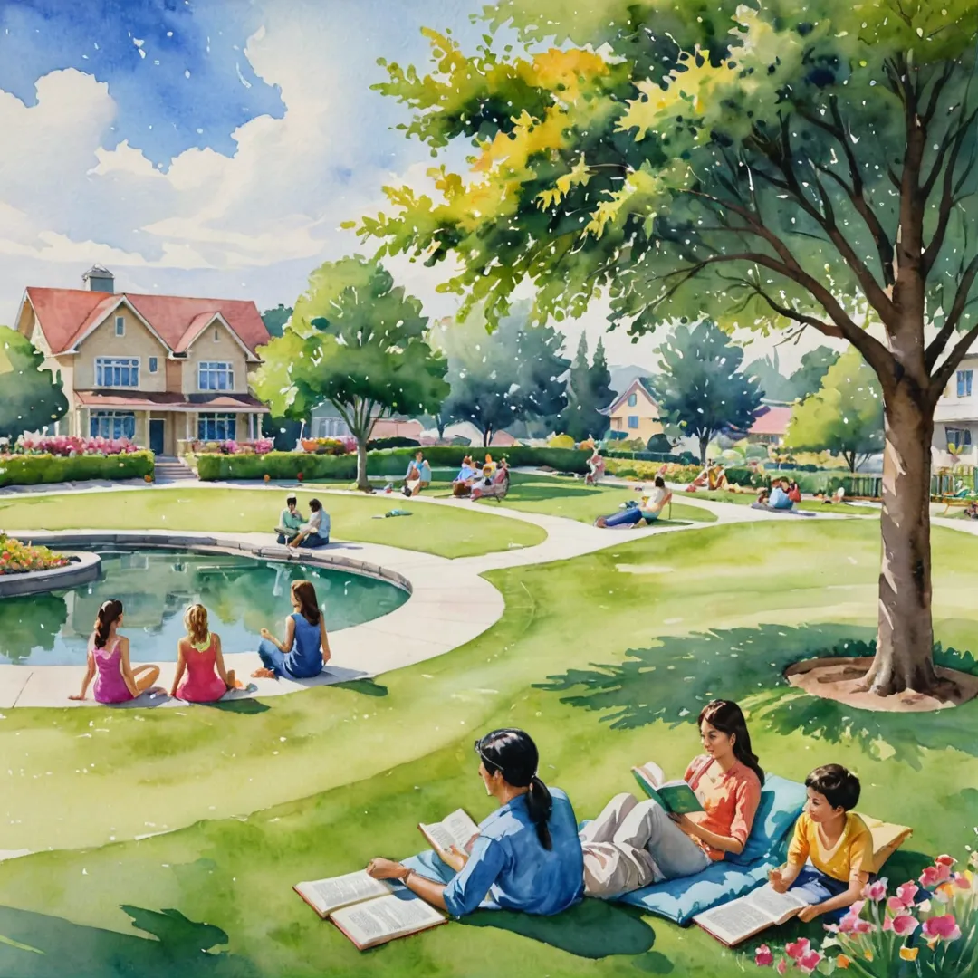 atercolor painting of a group of people enjoying leisure activities on lazing grass mounds in a gated community. The image showcases residents lounging, reading books, and engaging in conversations while surrounded by soft grass, shade trees, and colorful flowers. In the background, there are well-maintained houses and pathways that lead to other areas of the community. The scene is filled with a sense of peace, tranquility, and harmony, highlighting the desirable lifestyle offered at Alita.