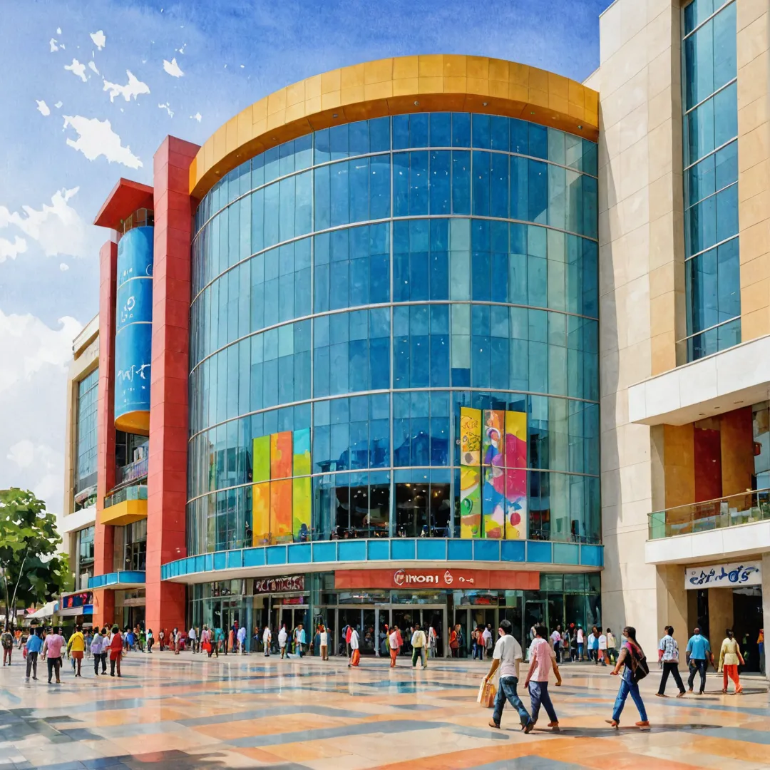 hopping mall exterior, Bangalore, India, modern architecture, glass facade, multiple levels, vibrant colors, shoppers walking, families with children, food court, movie theater entrance.