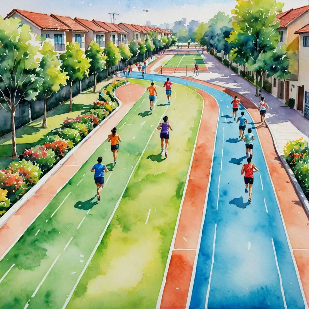 unning track in a gated community, colorful, vibrant, diverse group of people exercising, friendly atmosphere, modern facilities, supportive environment, motivation, healthy lifestyle, socializing, fitness enthusiasts