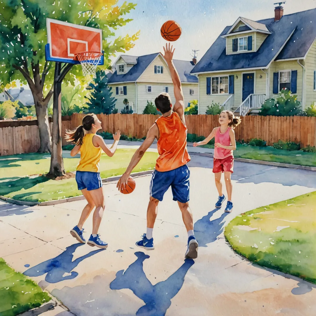 ter color painting of a family playing basketball near their house, vibrant colors, happy faces, energetic, outdoors, warm sunlight