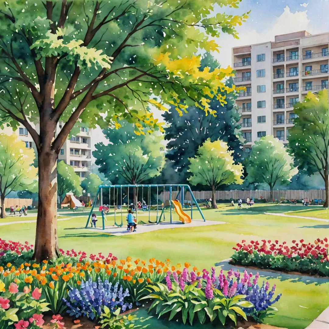 atercolor painting of a serene neighborhood park, surrounded by colorful flowers, with children playing on swings and slides, while adults relax on benches or engage in conversation under the shade of trees. In the background, there is a glimpse of modern residential buildings that blend harmoniously with nature, representing the community living concept described in the article. The scene exudes warmth, tranquility, and vibrant social interaction, reflecting the values and amenities offered at Alita.