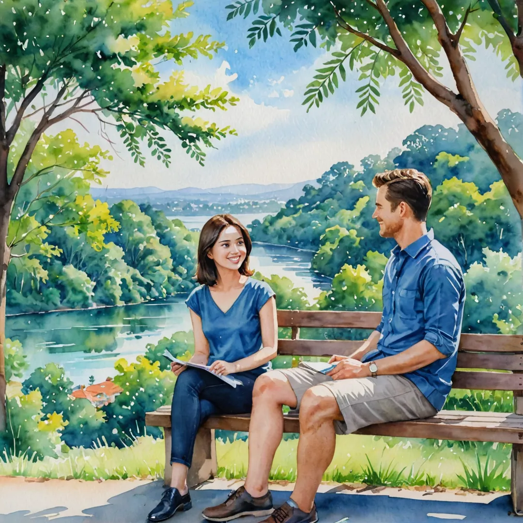  colorful, vibrant watercolor painting of a young woman and man sitting on a bench overlooking the lush greenery surrounding Alita. They are engrossed in conversation, smiling warmly as they enjoy each other's company under the shade of a towering tree. The background features a picturesque view of ITPL in the distance, hinting at the proximity to workplaces and opportunities that make Alita such an attractive location for professionals.