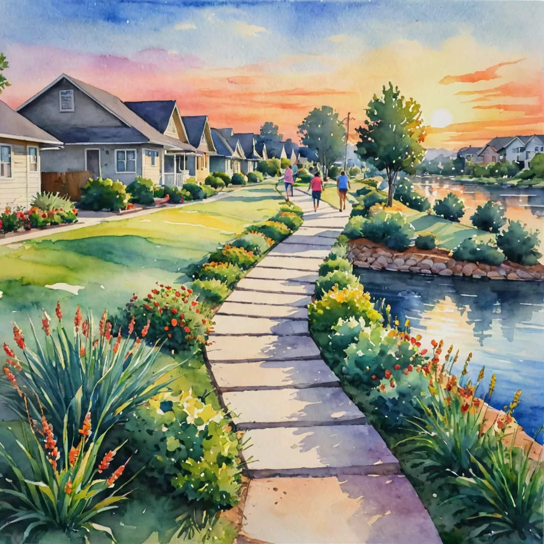 alking path, community, neighbors, interaction, sunset, watercolor painting