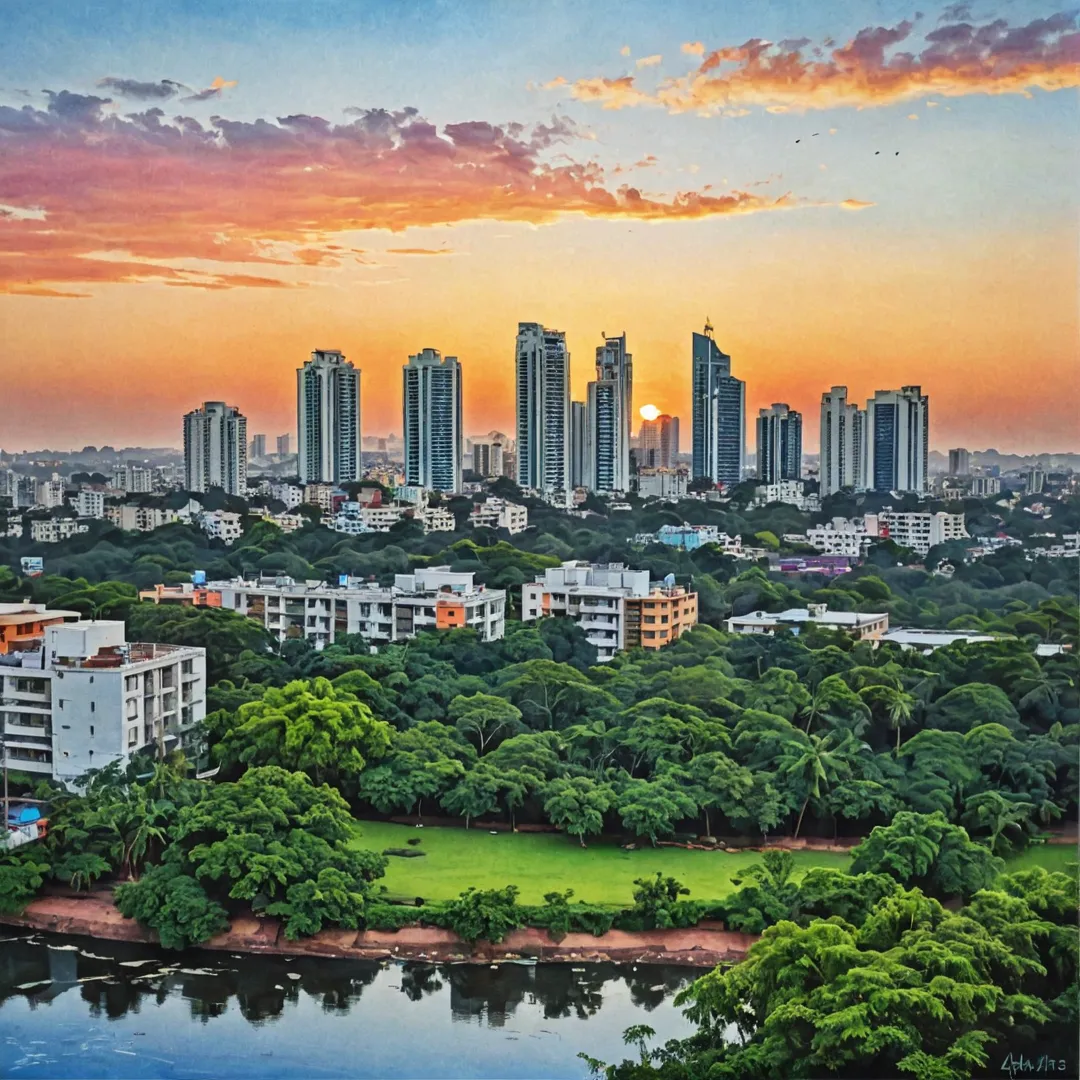 ibrant sunset over East Bangalore, showcasing the city's skyline with Alita standing tall in the foreground. Rendered with a mix of architectural and natural elements, highlighting the project's blend of modern design and sustainable living.