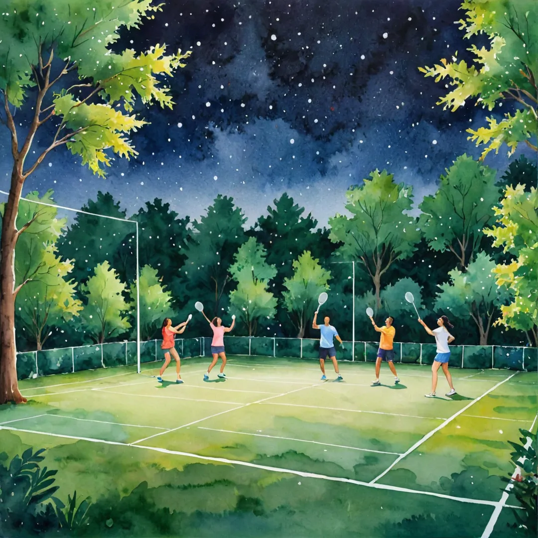  water color painting of a group of friends playing badminton under the stars in a beautifully lit outdoor court surrounded by lush greenery, exuding an atmosphere of fun and camaraderie.