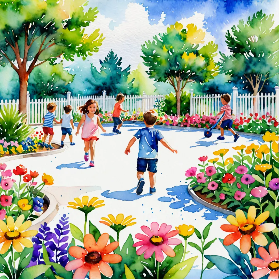 hildren playing in the tot-lot, surrounded by vibrant flowers and greenery. Colorful watercolor painting style.