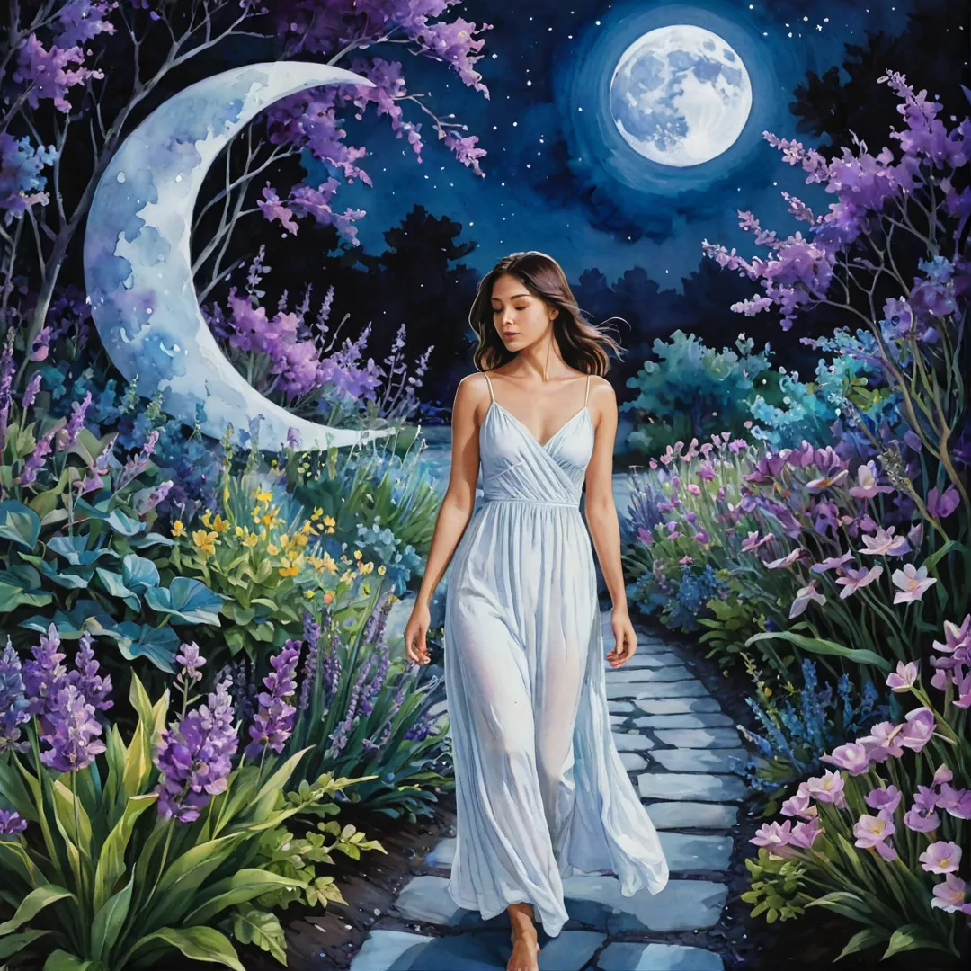 erson strolling through a moon garden, surrounded by glowing plants and flowers in various shades of blue and purple under the moonlight. The individual is wearing a white dress that contrasts beautifully with the dreamy atmosphere. The air is filled with the intoxicating scent of nocturnal blooms as they walk along a winding path, their face illuminated by the soft glow of the moon.