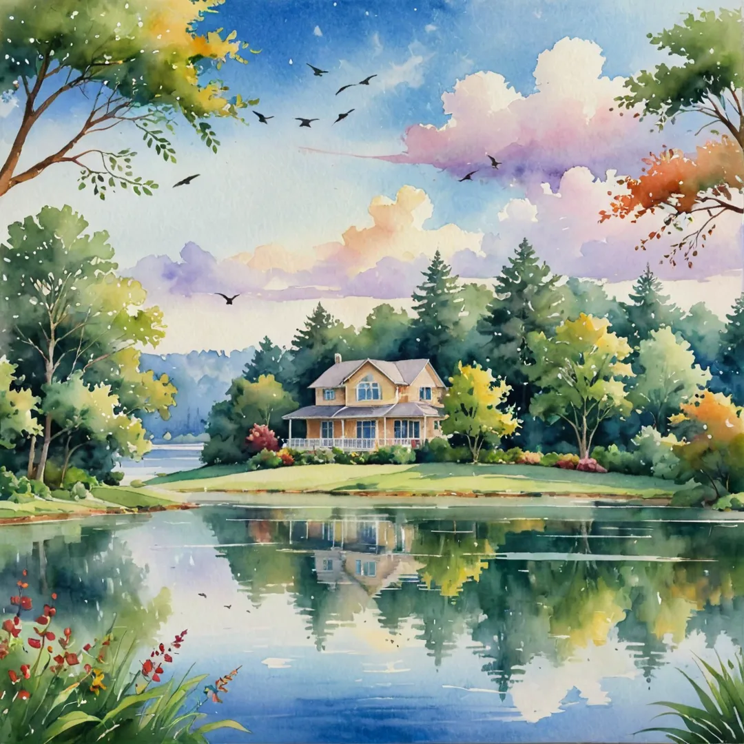 eaceful watercolor painting of a home in the distance, surrounded by lush greenery and a serene lake, with colorful birds flying overhead, soft clouds in the sky, warm sunlight streaming through trees