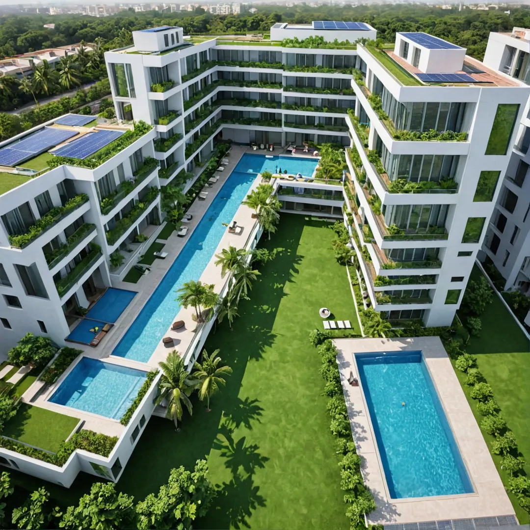 hoto of a futuristic residential complex with open spaces, greenery, and modern amenities such as a swimming pool, gym, and shared workspace lounge. The building design incorporates sustainable features like solar panels and wind turbines, promoting eco-friendly living. The image should showcase the project's innovative approach to blending everyday needs with cutting-edge technology.