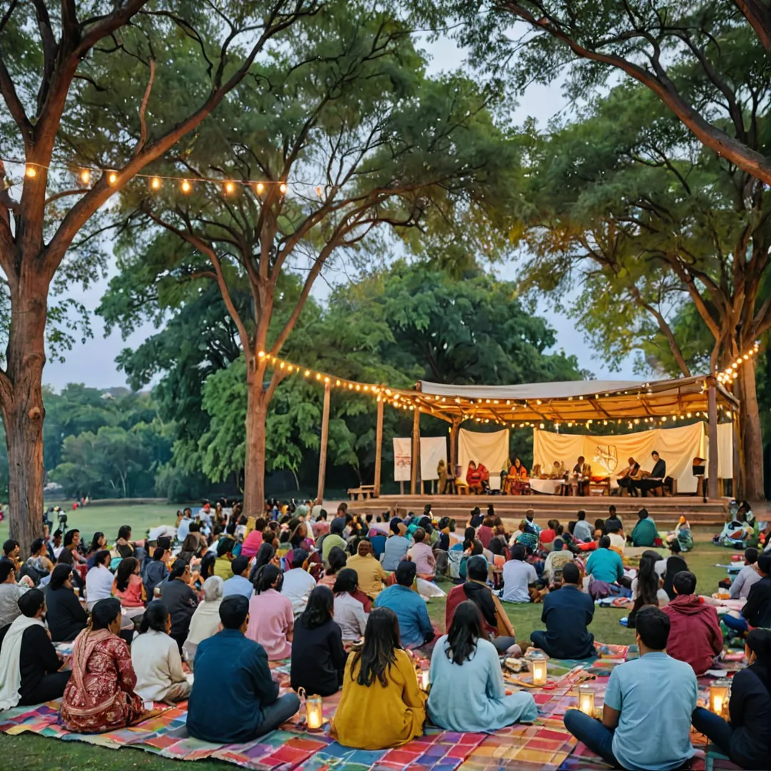 udience members sitting in front of a large outdoor stage, the sun setting behind them, casting warm light on their faces. The stage is filled with actors performing a play, while others sit around tables, enjoying snacks and drinks from trays balanced on their laps. The theatre area has a rustic charm, with dimly lit lanterns hanging from trees and colorful blankets spread out across the grassy ground.