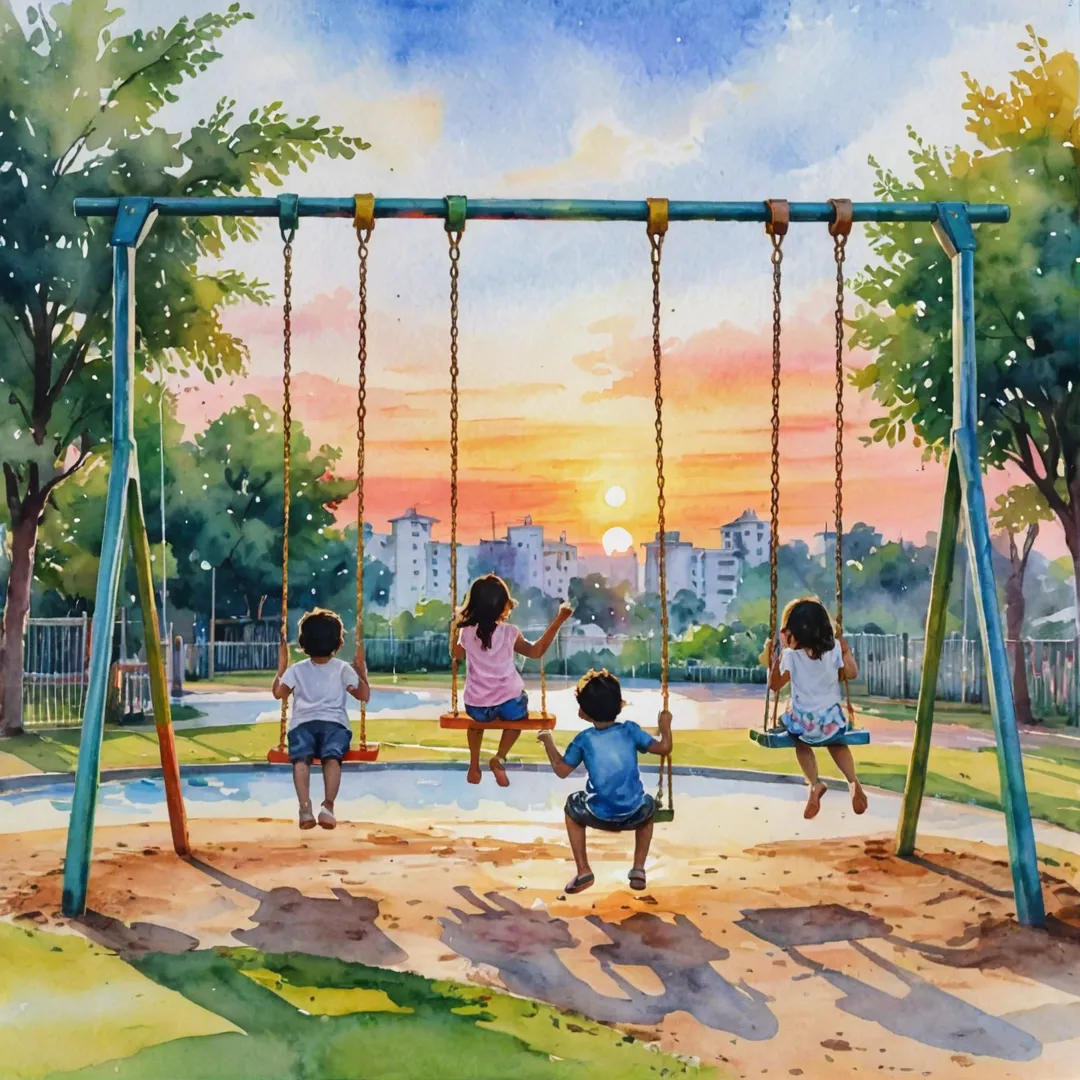 hildren playing on swings, laughing and enjoying the sunset. Colorful play structures in the background with a watercolor painting style.