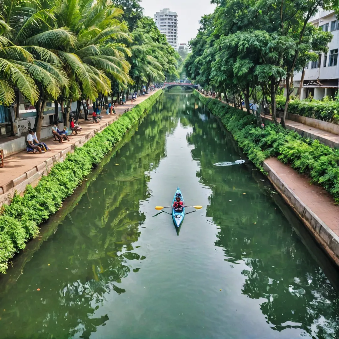 elaxing scene of a canal in Bangalore, India with lush greenery and clear water. People can be seen kayaking or pedaling boats along the serene waterway surrounded by modern architecture and natural beauty. The image showcases Alita's unique integration of urban living and nature preservation through its connection to the Rajakaluve canal system.