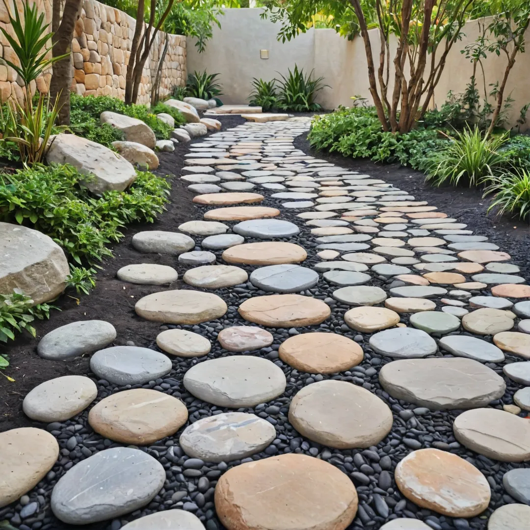 elaxing walkpath in a serene environment with stones and textured surfaces.