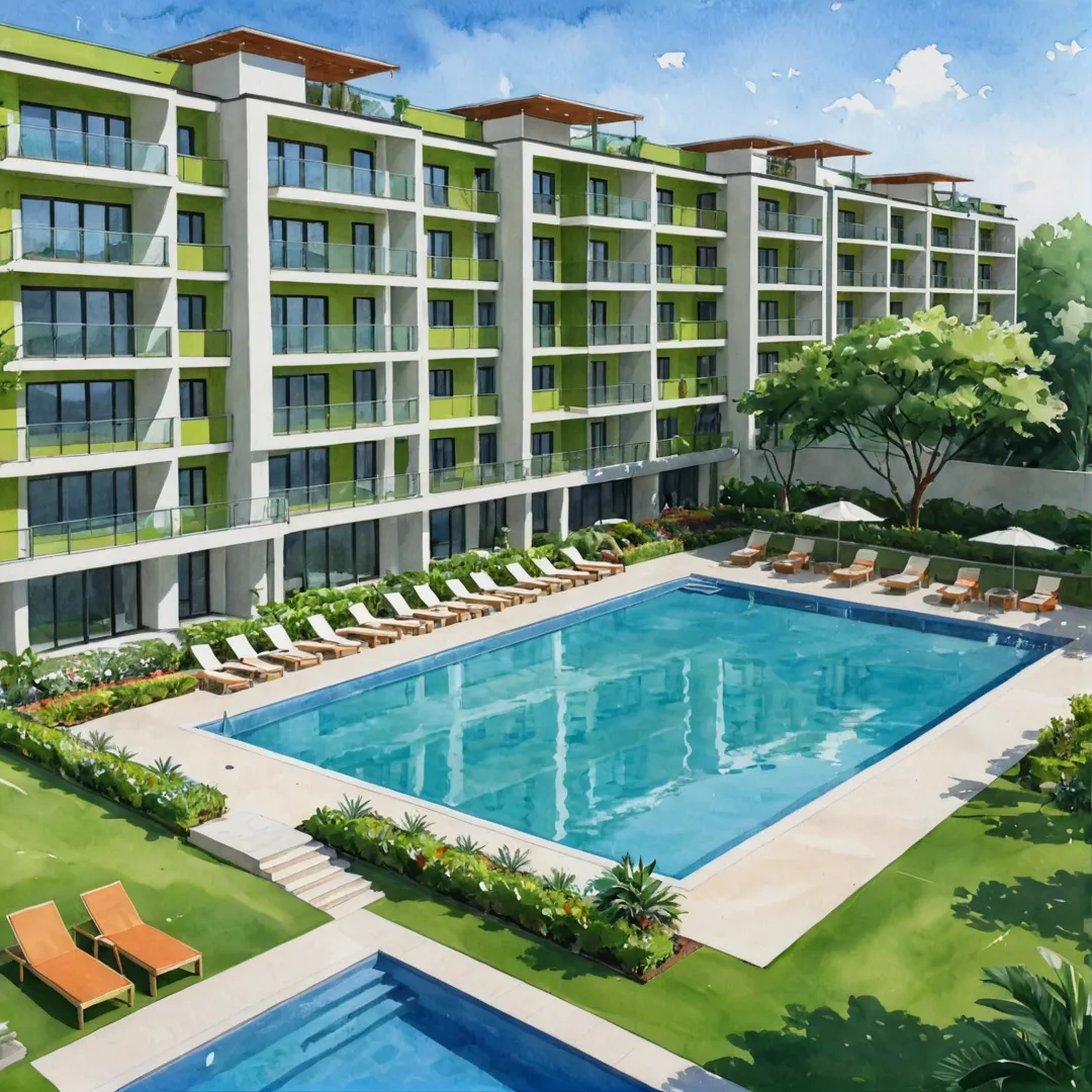 ibrant apartment complex, modern architecture, tech park view, outdoor pool, socializing, green spaces, close-knit community, professional environment, luxurious interiors, work-life balance, urban lifestyle, contemporary design, stylish furnishings, high-end amenities