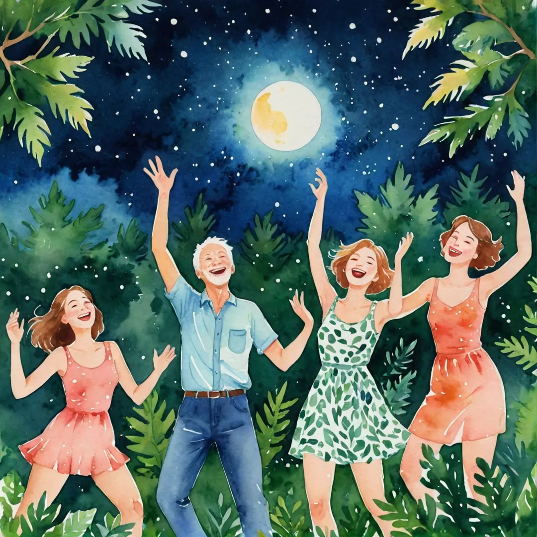 eople of all ages laughing and dancing under the stars, surrounded by lush greenery on a beautiful summer night.