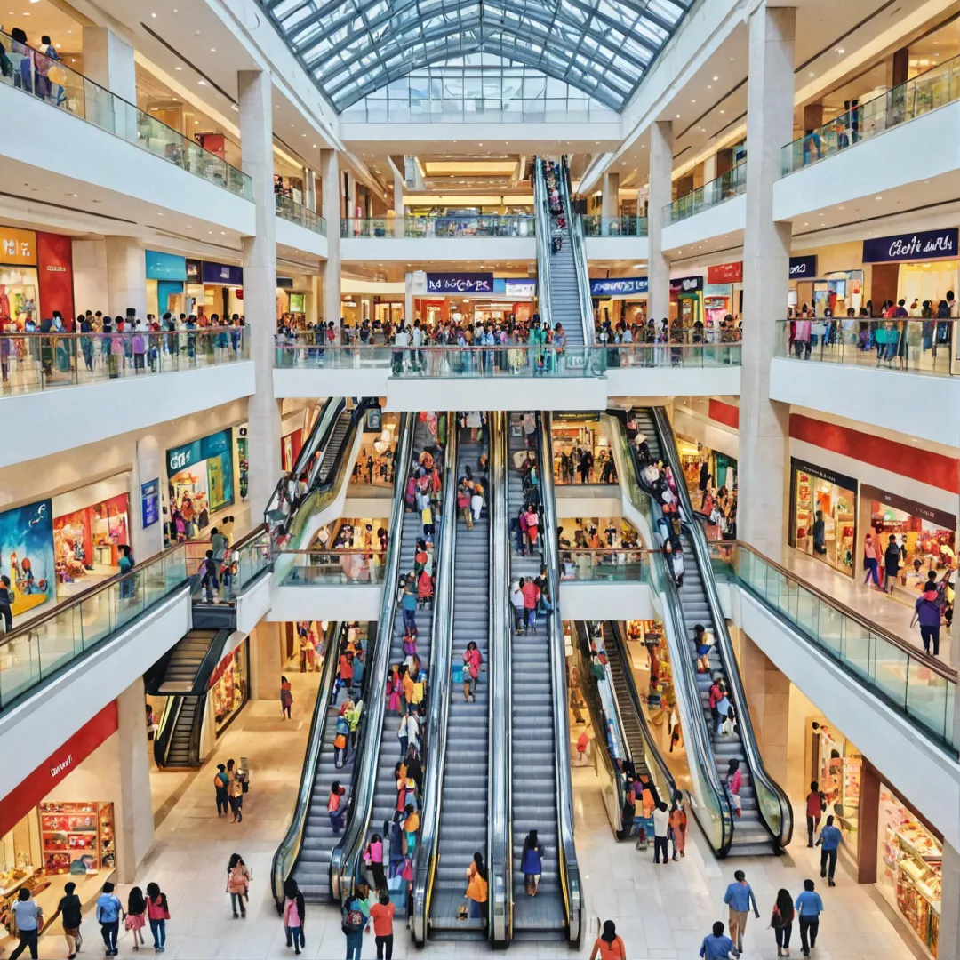 eople shopping at a busy mall, colorful lights, happy faces, bustling crowd, various stores, high-end brands, food court, families with kids, friends hanging out, escalators, elevators, modern architecture.