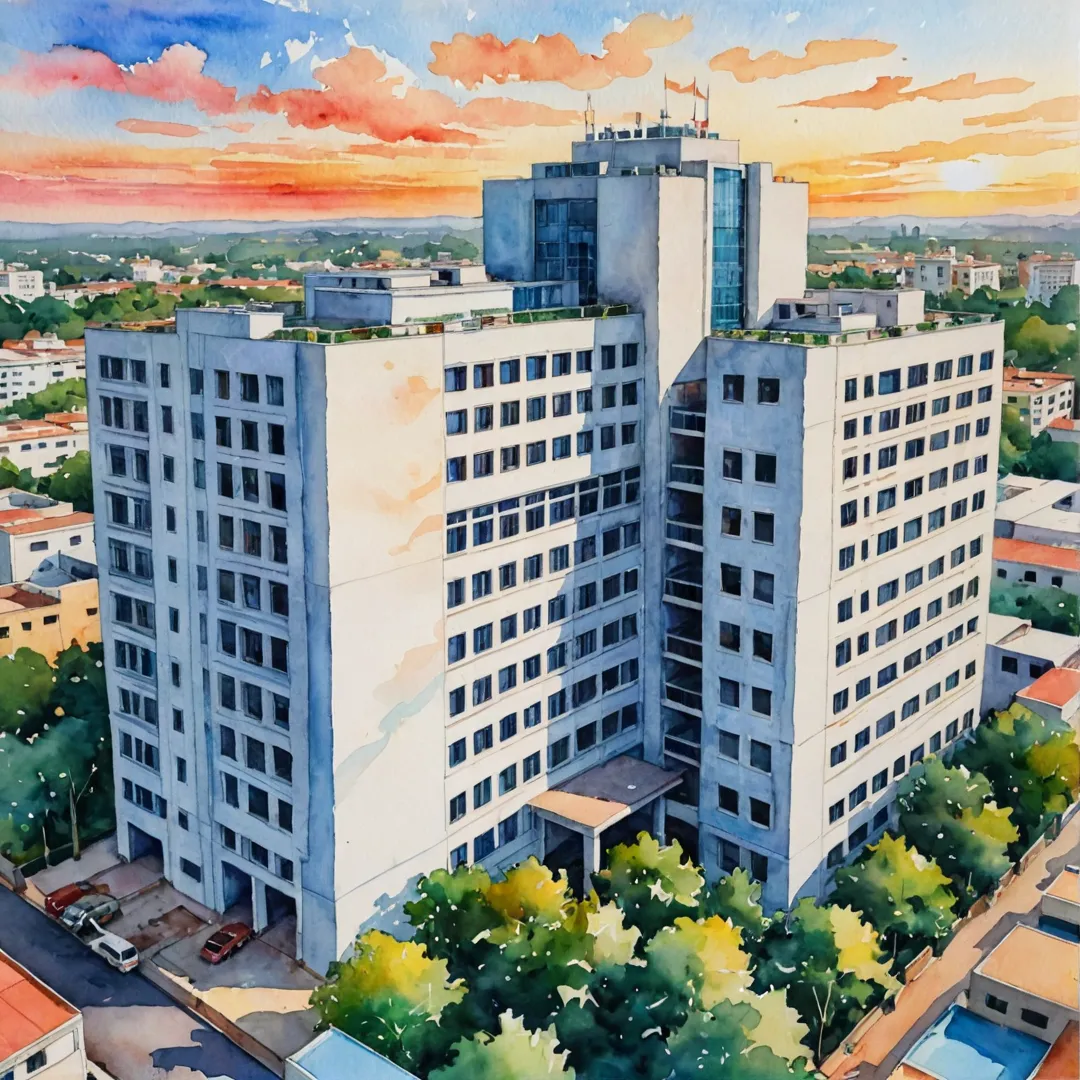 ibrant watercolor painting of a multistory hospital, top floor view, sunset, bustling with activity