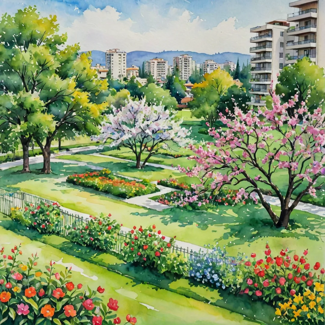 rchard with fruit trees in bloom, surrounded by lush greenery and colorful flowers. In the background, modern residential buildings harmoniously blend with nature.