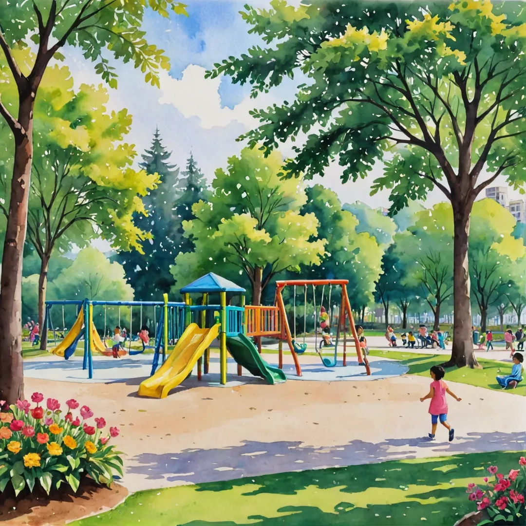 hildren playing in a vibrant park, surrounded by greenery and colorful flowers. A playground with swings and slides can be seen in the background, while parents sit on nearby benches chatting or watching their kids. The air is filled with laughter and joy as children run around, enjoying their time at Alita's beautiful park.