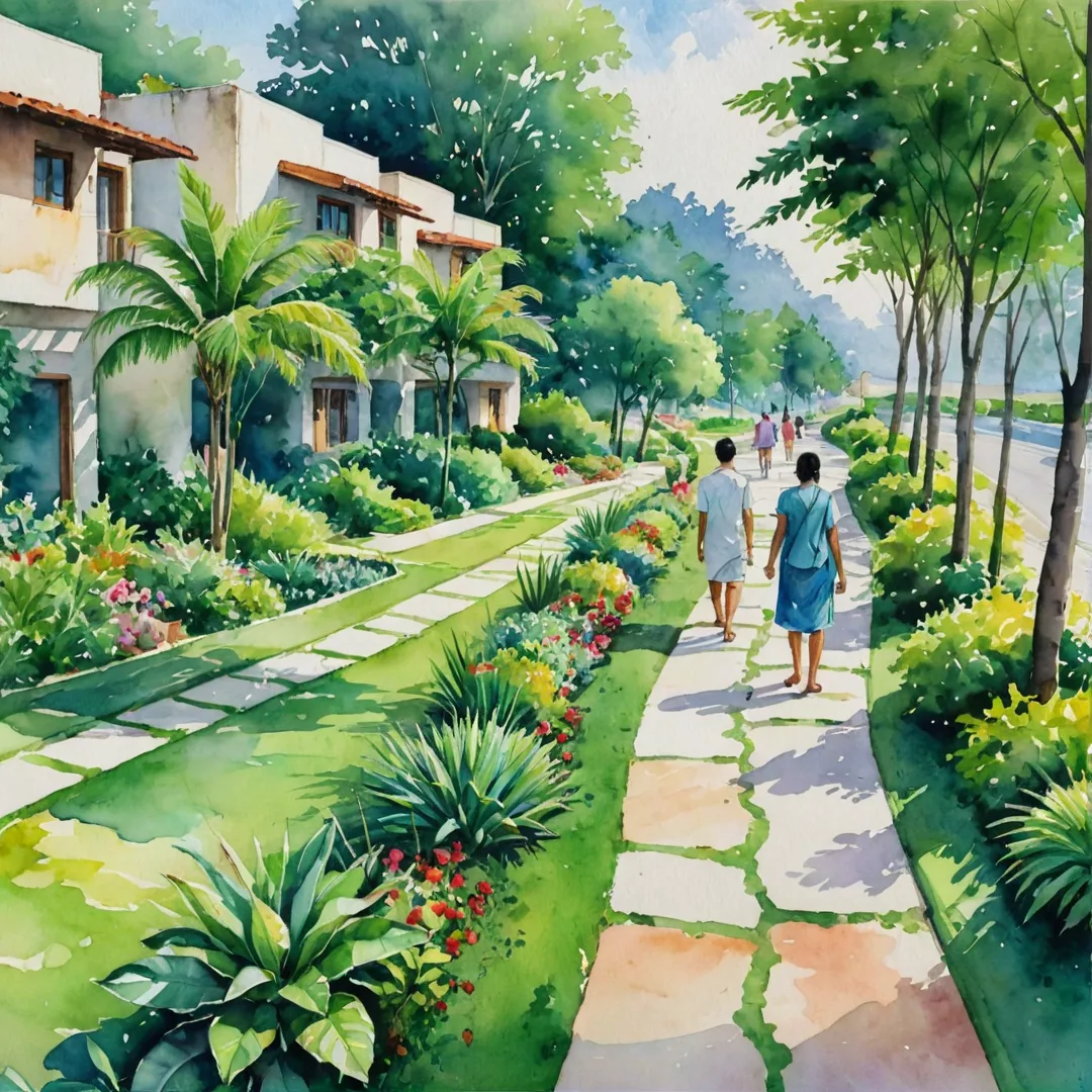 eople walking on a pathway through a lush green landscape, surrounded by sustainable housing and well-lit streets.