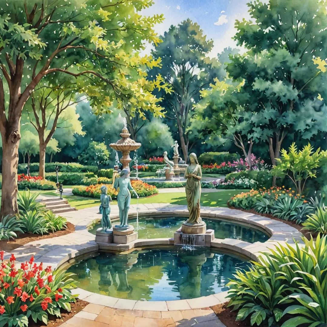 atercolor painting of a serene sculpture garden in a gated community, showcasing intricately detailed sculptures amidst lush greenery. The scene is bathed in warm afternoon sunlight, creating an ethereal atmosphere as residents and visitors stroll leisurely through the space. A group of children can be seen engaged in an art class led by a patient instructor near a fountain, adding life and vibrancy to the idyllic setting.