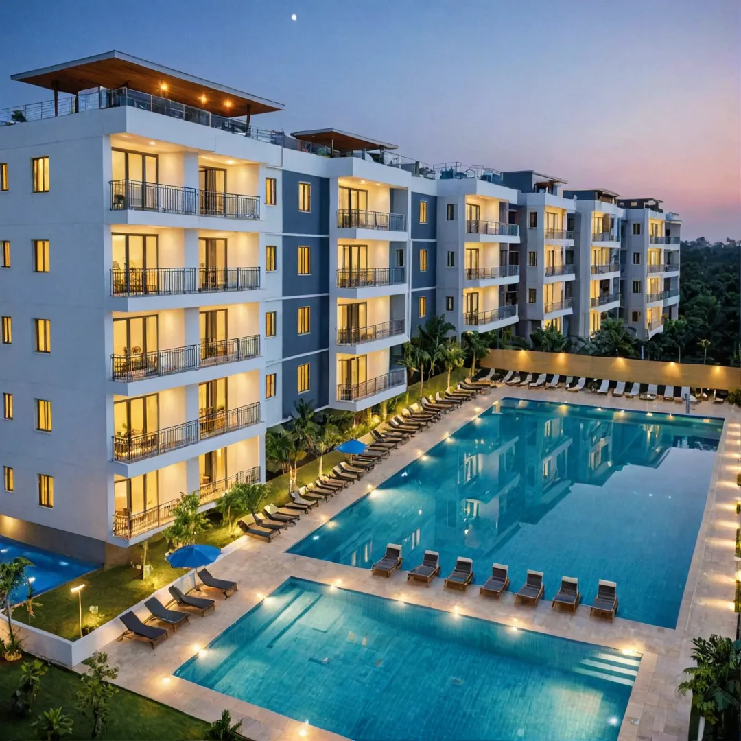 hoto of Alita Modern Living in Bangalore, India at dusk, showing a vibrant and contemporary residential building with 50% open spaces, a state-of-the-art clubhouse featuring amenities like a swimming pool and badminton courts, and a shared workspace lounge for residents to enjoy. The image should capture the essence of modern living in this unique community, emphasizing accessibility, sustainability, and convenience.