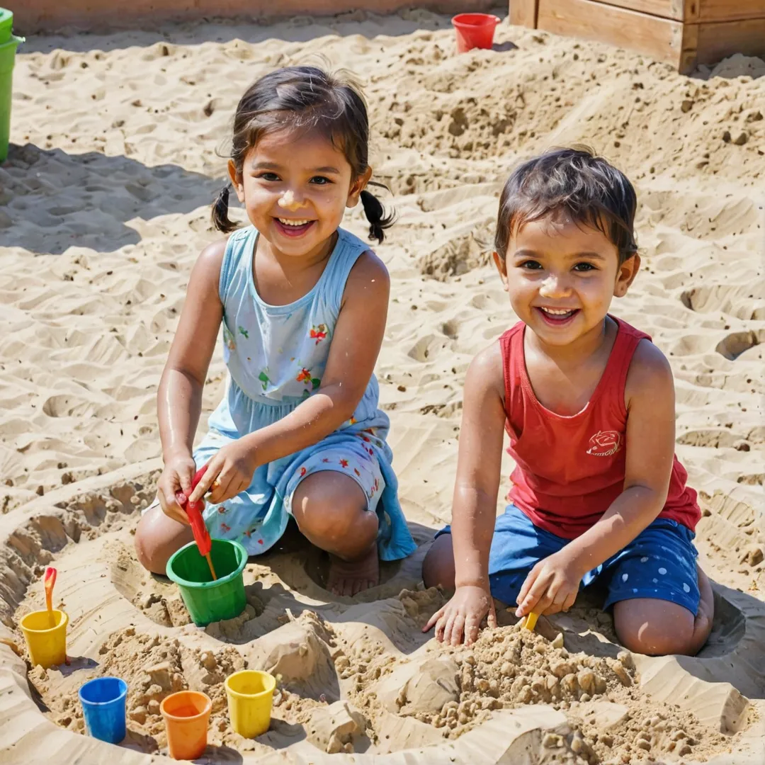 hildren playing in the sandpit, laughing, joyful, sunny day, colorful toys, watercolor painting