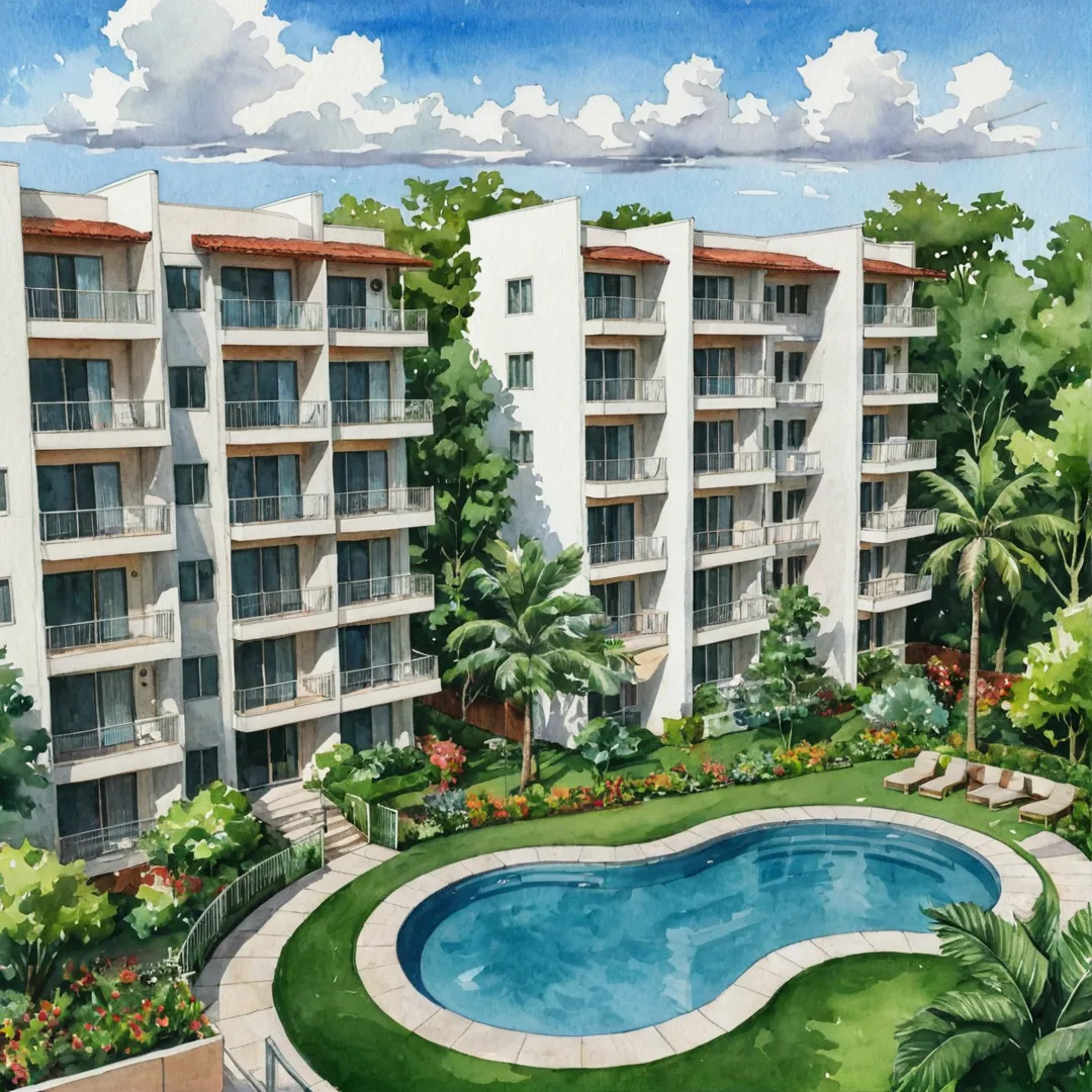 odern residential complex, strategically placed, healthcare resources adjacent, lush greenery surrounds, apartment living, wellness prioritized, convenience focused