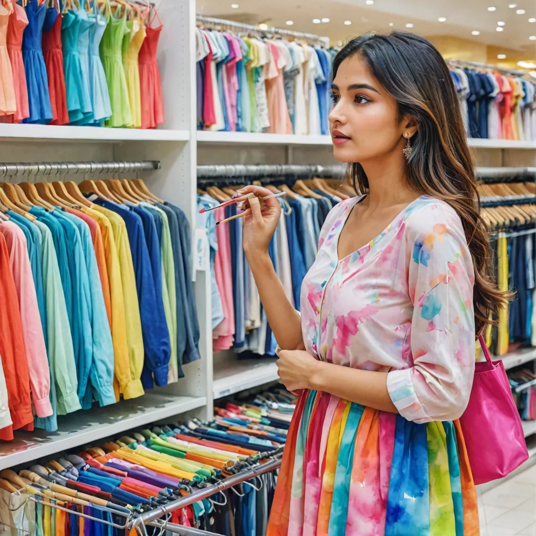 oman shopping in a mall, selecting items from racks, surrounded by colorful clothes.