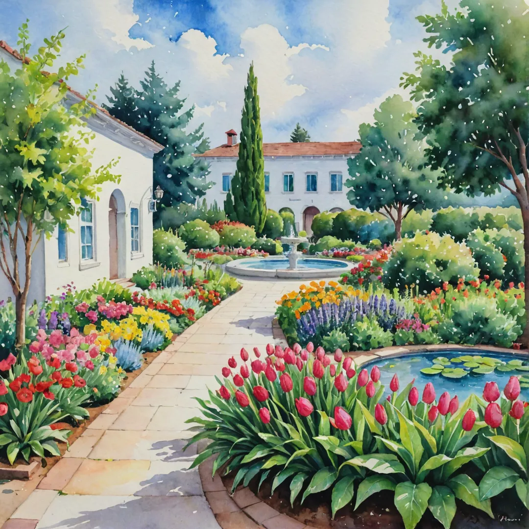 atercolor painting of a lush garden, featuring vibrant flowers and plants, with a small white building in the background. The scene includes people walking on a path leading to the hospital, while others are seen sitting on benches or talking near a fountain. The sky is painted with soft pastel colors, hinting at a peaceful and serene atmosphere.