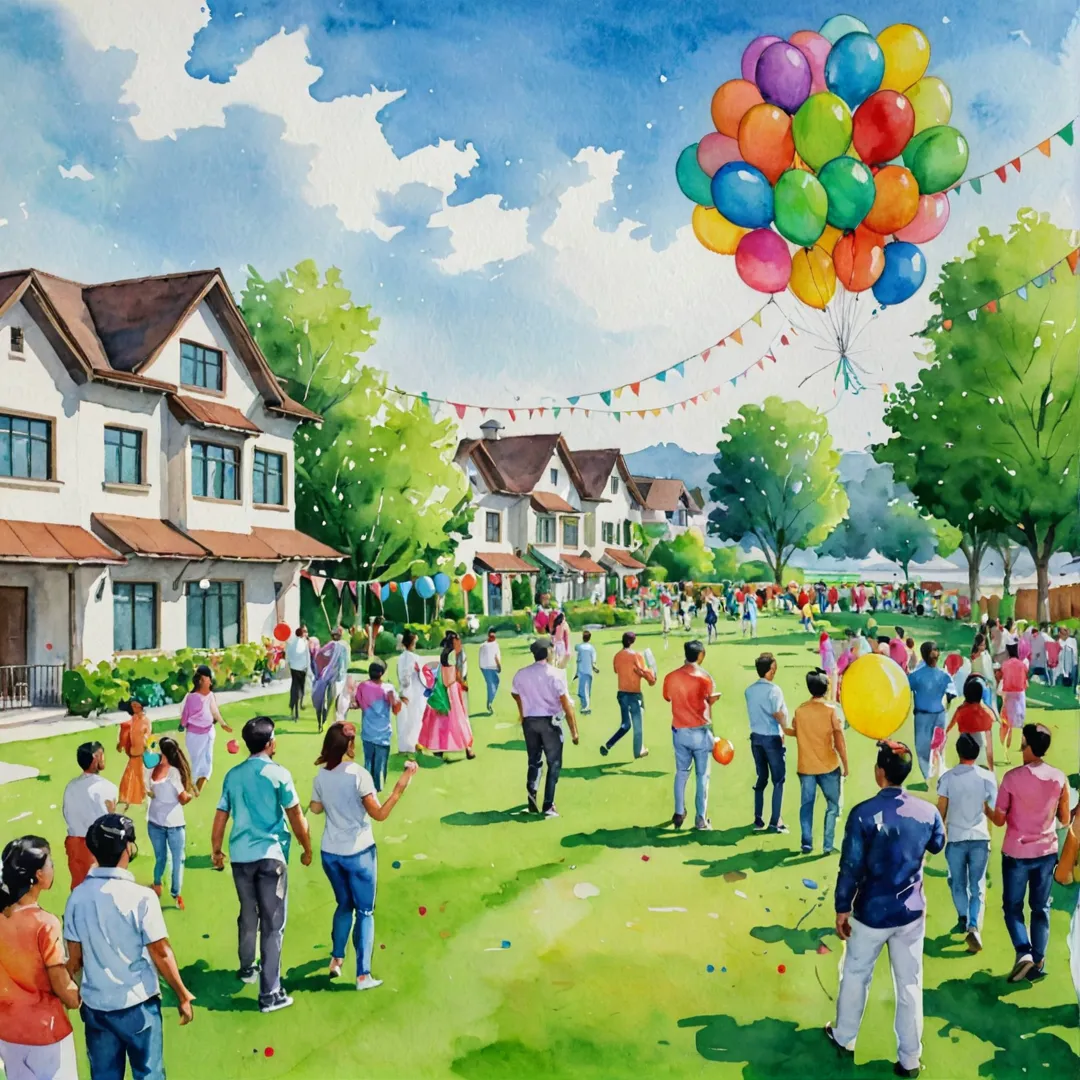 eople enjoying a celebration on a lush green lawn, with colorful balloons and banners, in the background of a gated community.