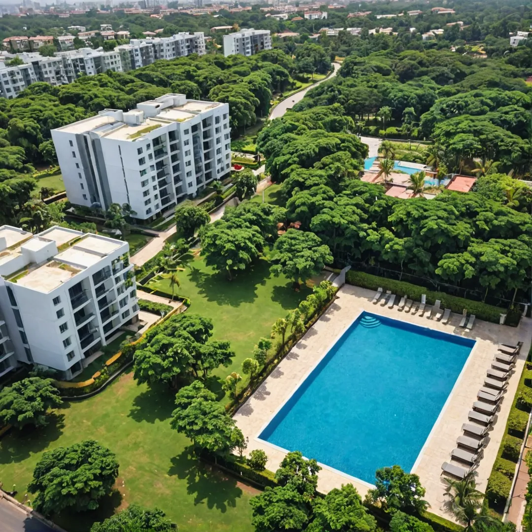 hoto of a modern, luxurious residential community in Bangalore, India. The image should showcase its prime location near tech workspaces, featuring well-maintained infrastructure and amenities like swimming pools, clubhouses, and shared workspaces. The background should include greenery and nature, highlighting the harmonious blend of urban living with environmental sustainability.