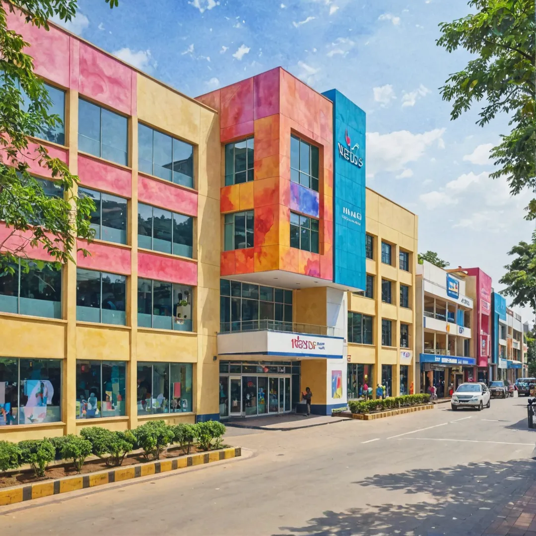 hopping mall exterior with watercolor painting style, vibrant colors, Park Square Mall and Nexus Shantiniketan Mall near Alita, Bangalore.