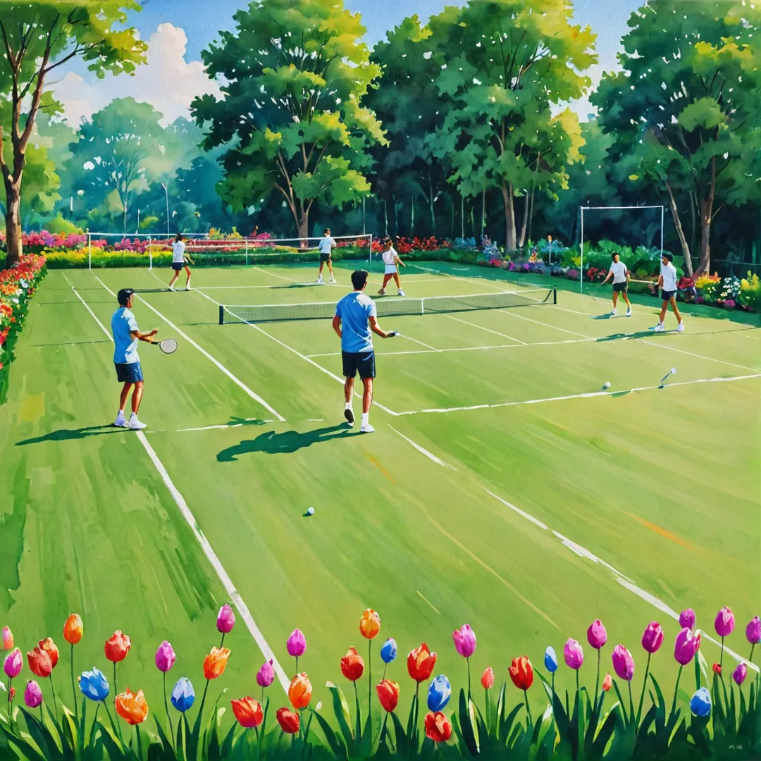 layers of all skill levels enjoying a game of badminton on an immaculately maintained court in Alita, surrounded by vibrant green grass and colorful flowers. The sun shines down upon them, casting warm light across the scene as they engage in friendly competition.