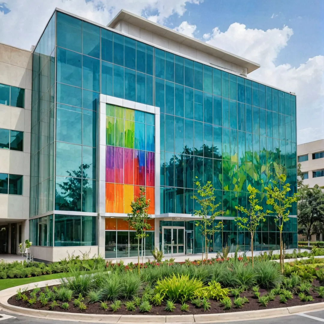 hoto of modern hospital exterior, vibrant colors, sleek design, glass walls, greenery