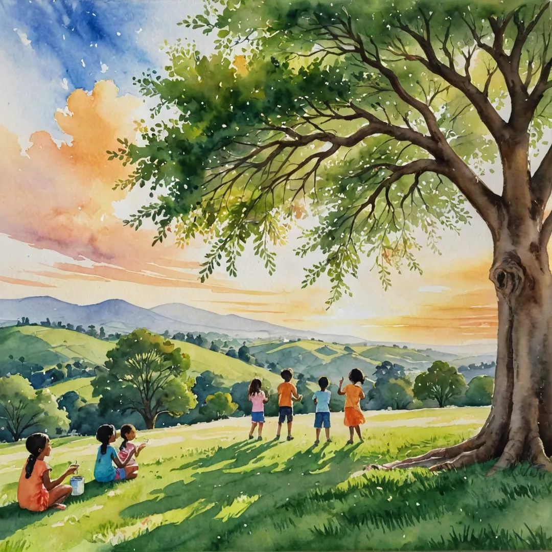 ater color painting of a serene, lush green landscape with rolling hills in the background. In the foreground, children from various ethnicities are playing and laughing around a large tree, their backs to the viewer. The sun is setting, casting warm orange and yellow hues on the grass and trees. The sky is filled with fluffy white clouds, adding depth and texture to the painting.