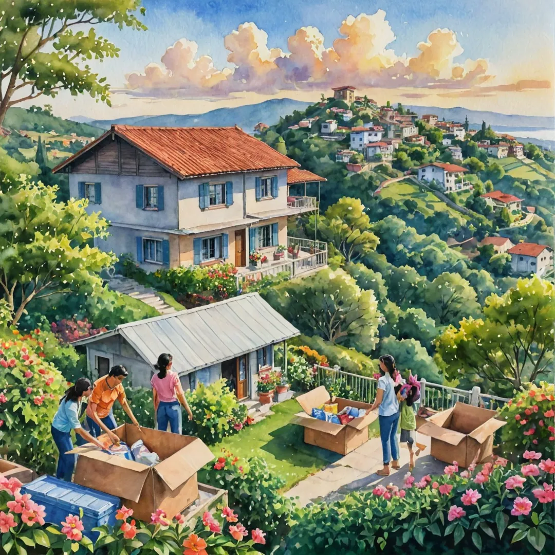 oving to Alita: A watercolor painting of a family happily unpacking their belongings in their new home, surrounded by lush greenery and colorful flowers. The house is situated on a hill, overlooking the bustling town below. The sky is filled with fluffy clouds, casting a warm golden light on the scene.