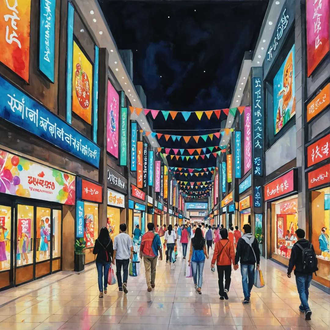 hopping mall entrance with flashy neon lights, colorful banners, and festive atmosphere, surrounded by high-end retail stores, food courts, and movie theaters. A diverse group of people can be seen strolling around the area, enjoying their leisure time at the various attractions.