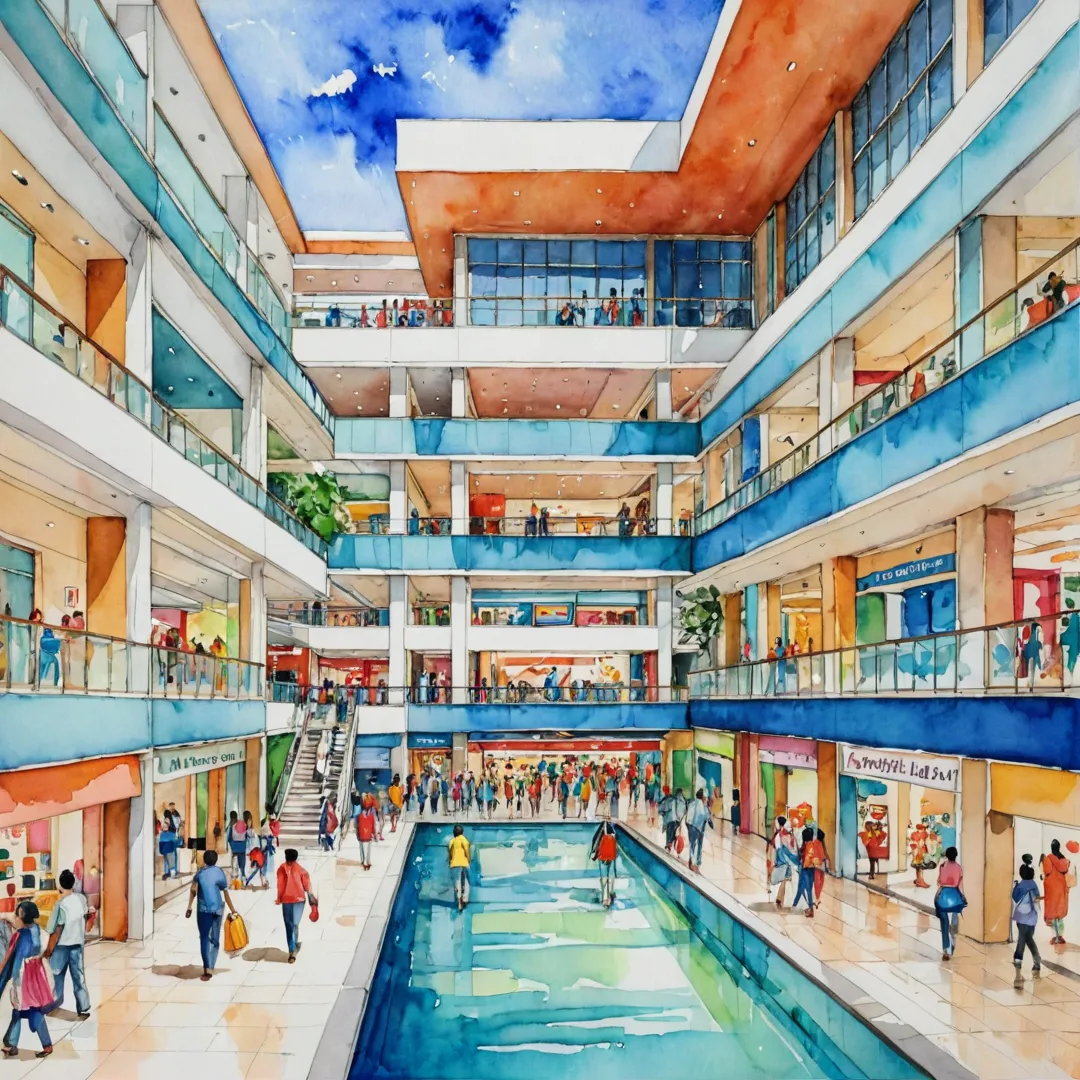 hopping mall, luxury brands, food court, people walking, vibrant colors, modern architecture