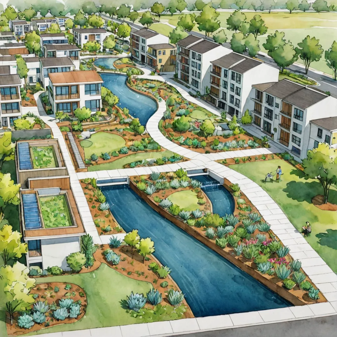 co-friendly housing community with sustainable stormwater management system, including drains, harvesting tanks, and green infrastructure elements like rain gardens. The layout showcases harmony between urban living and nature, promoting water conservation and reducing carbon footprint.