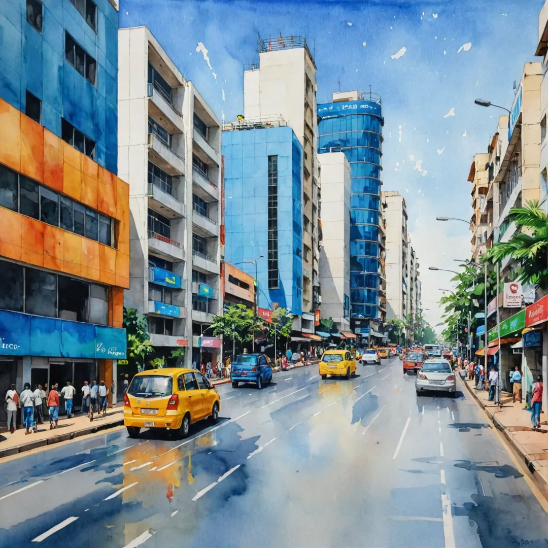 ast paced city, bustling streets, vibrant colors, technological advancements, sleek architecture, transportation hub, people on the move, futuristic design, modernity blending with tradition, a glimpse into Bangalore's future.