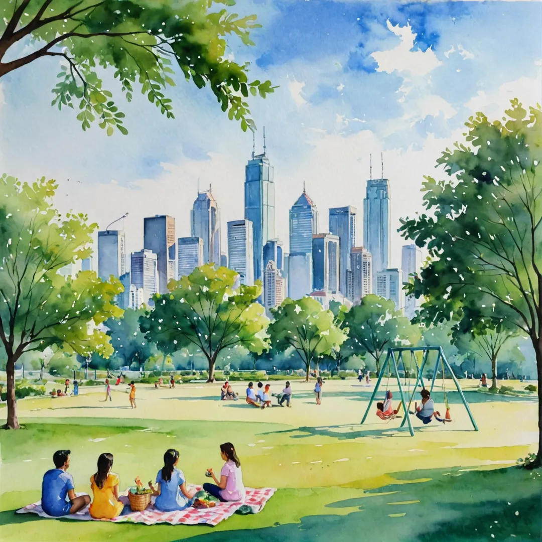 amily enjoying a picnic in the park, surrounded by lush greenery and a scenic view of the city skyline, while children play on the swings nearby.