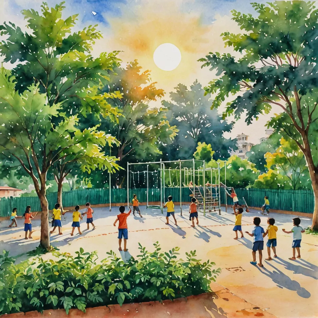 ater color painting of a school playground surrounded by lush greenery, filled with children playing and laughing. The sun is setting in the background, casting warm golden hues over the scene. In the distance, one can see the skyline of Bangalore East, hinting at the nearby neighborhoods and educational institutions mentioned in the article.