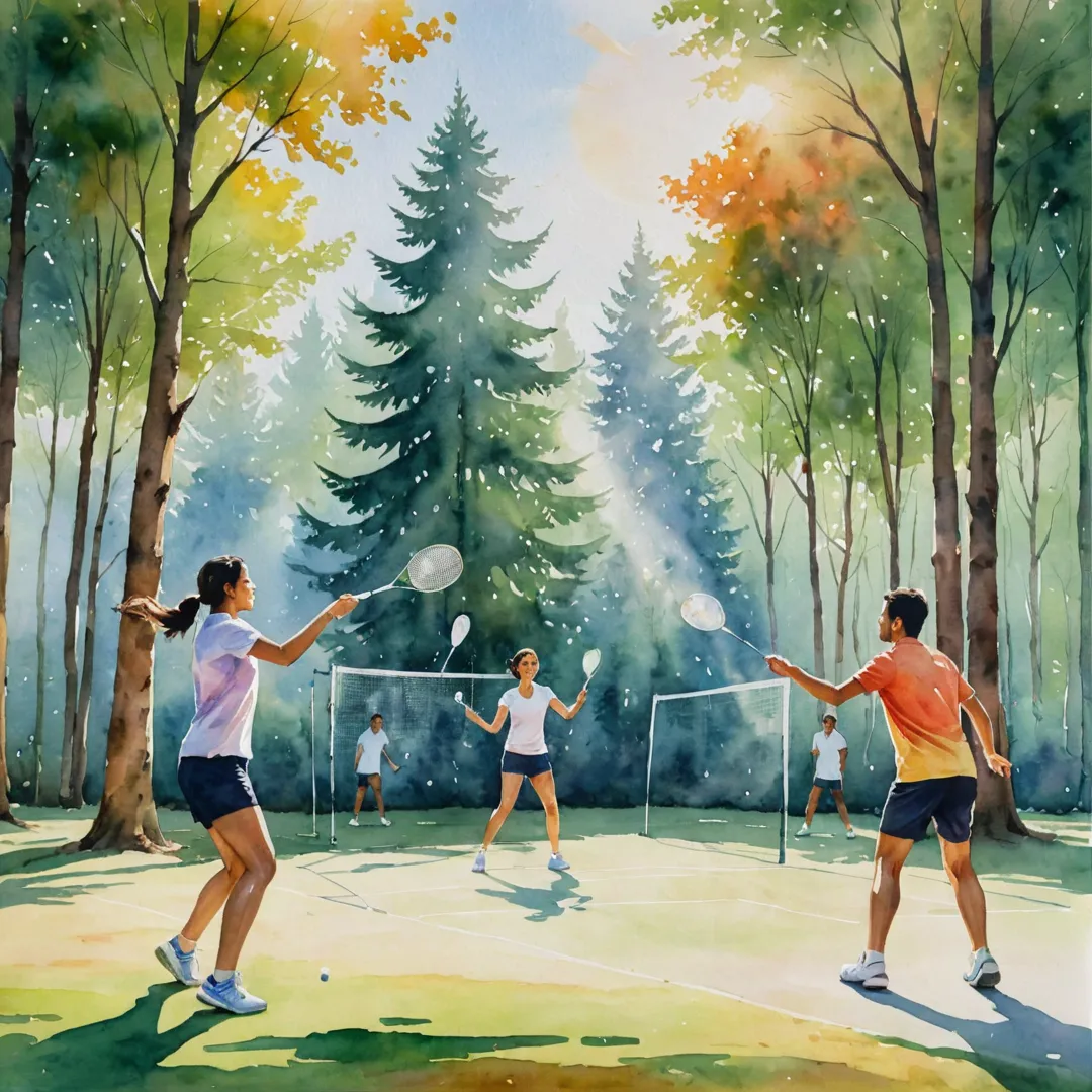 atercolor painting of a diverse group of people playing badminton, enjoying the game, energetic and focused, sunlight streaming in through trees, warm colors, friendly competition