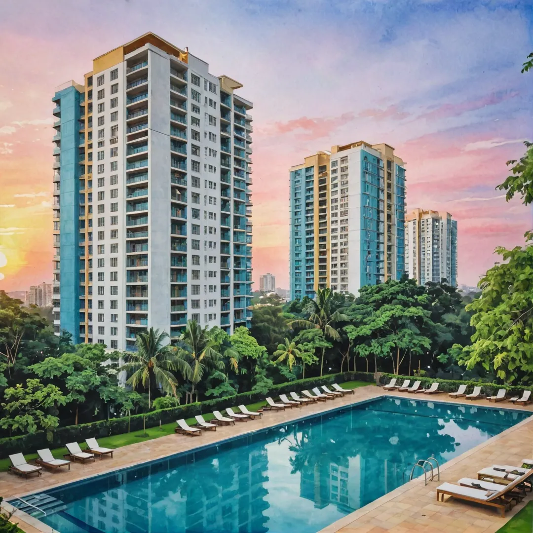 ibrant, modern, high-rise, skyscraper, Bangalore, India, cityscape, architecture, urbanization, innovation, luxury, lifestyle, connectivity, transportation, landscape, greenery, amenities, clubhouse, pool, courts, residents, relaxation, worklife balance, peaceful, tranquil, sunset