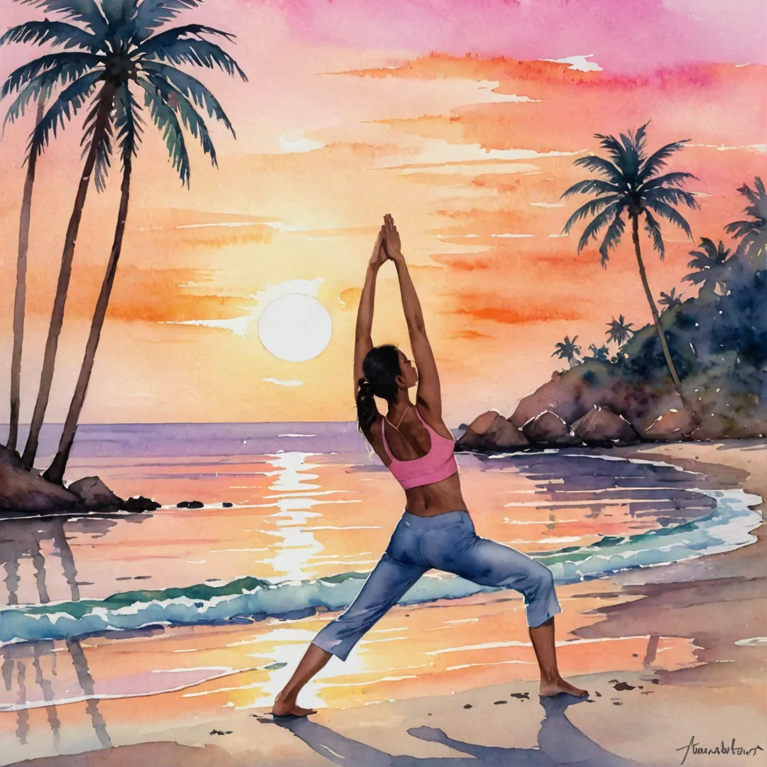  person practicing yoga on a beach with palm trees, facing the setting sun. The water reflects warm hues of orange and pink, creating a serene atmosphere.