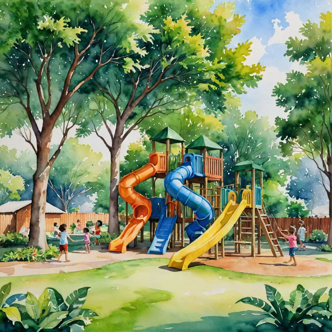 atercolor painting of a vibrant and colorful tot-lot at Alita, featuring young children engaging in imaginative play with age-appropriate structures amidst lush greenery. The environment exudes warmth and safety, allowing children to explore their surroundings while parents socialize nearby under shady trees.