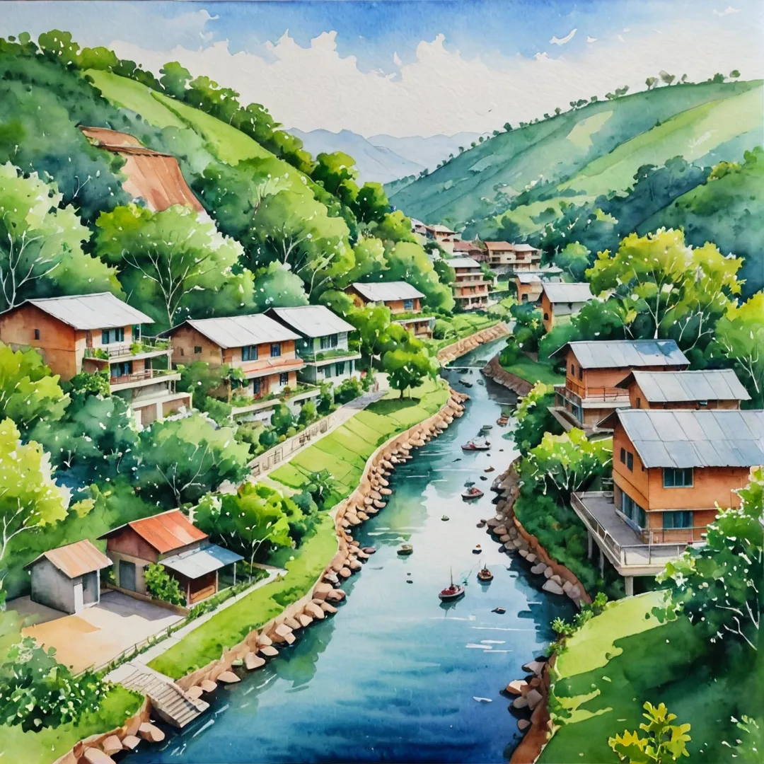 ater color painting of a beautiful eco-friendly township with lush greenery, sustainable architecture, and clean air, showcasing the harmony between nature and modern living