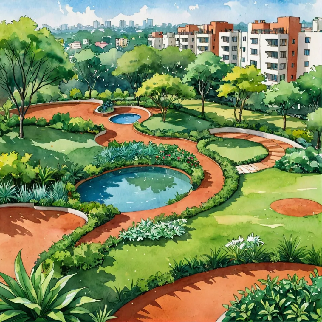 ibrant greenery, serene environment, eco-friendly approach, rainwater harvesting system, red soil landscape, sustainable construction, urban jungle, open spaces, community living, innovative architecture, Bangalore cityscape